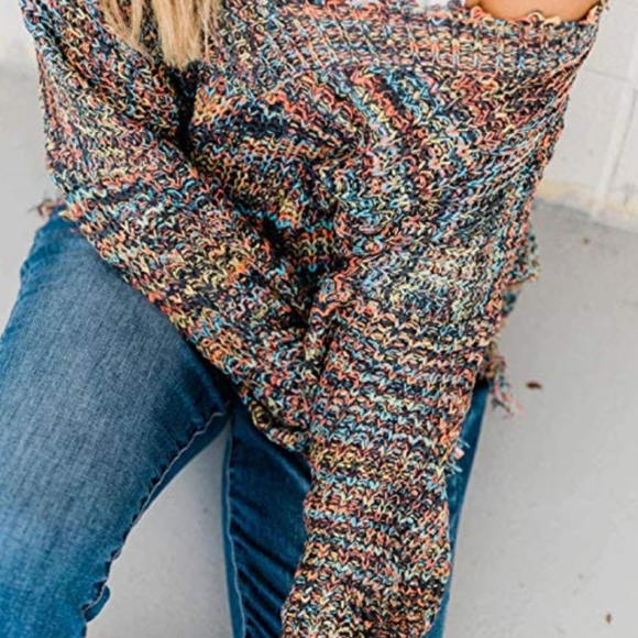 New Distressed fringe Off shoulder V neck sweater - Picture 5 of 6